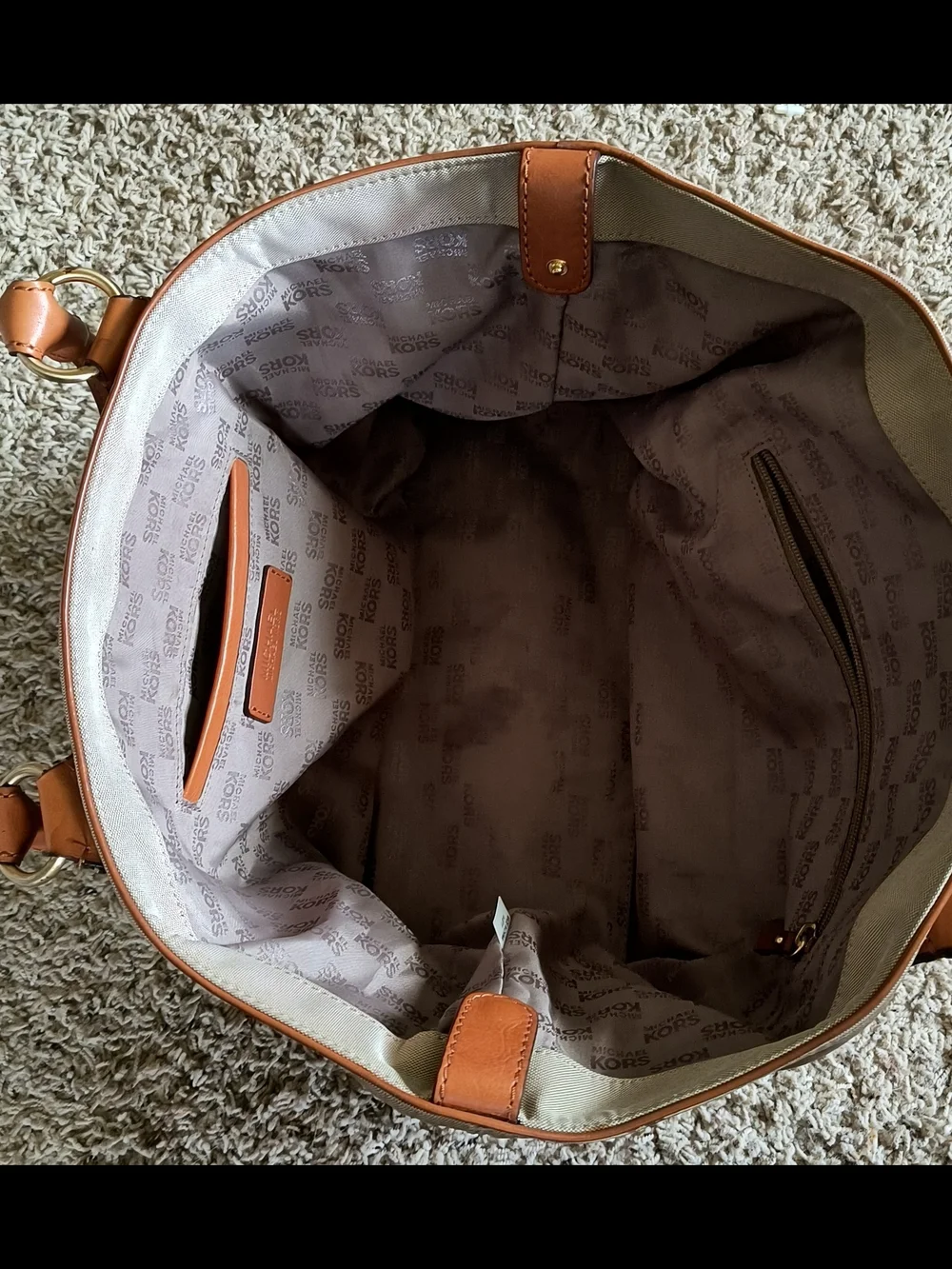 Michael Kors Beige Canvas Tote with Green Stripe and Brown Leather Trim